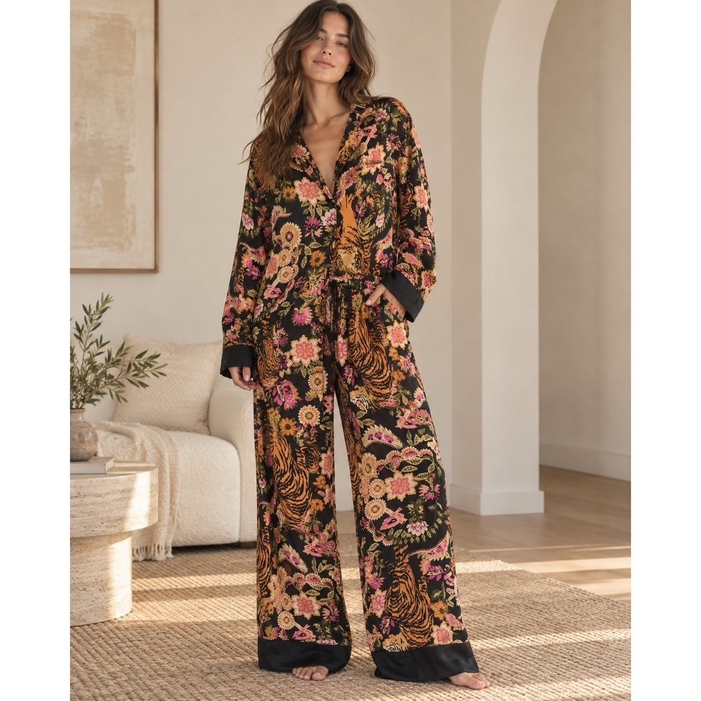 Free People Dreamy Days Tiger Floral Pajama Set Wide Leg Pants XL Boho